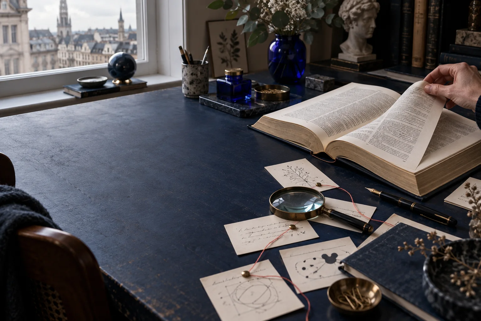 Atelier d’un lexicographe à Bruxelles avec dictionnaire ouvert et fiches de recherche