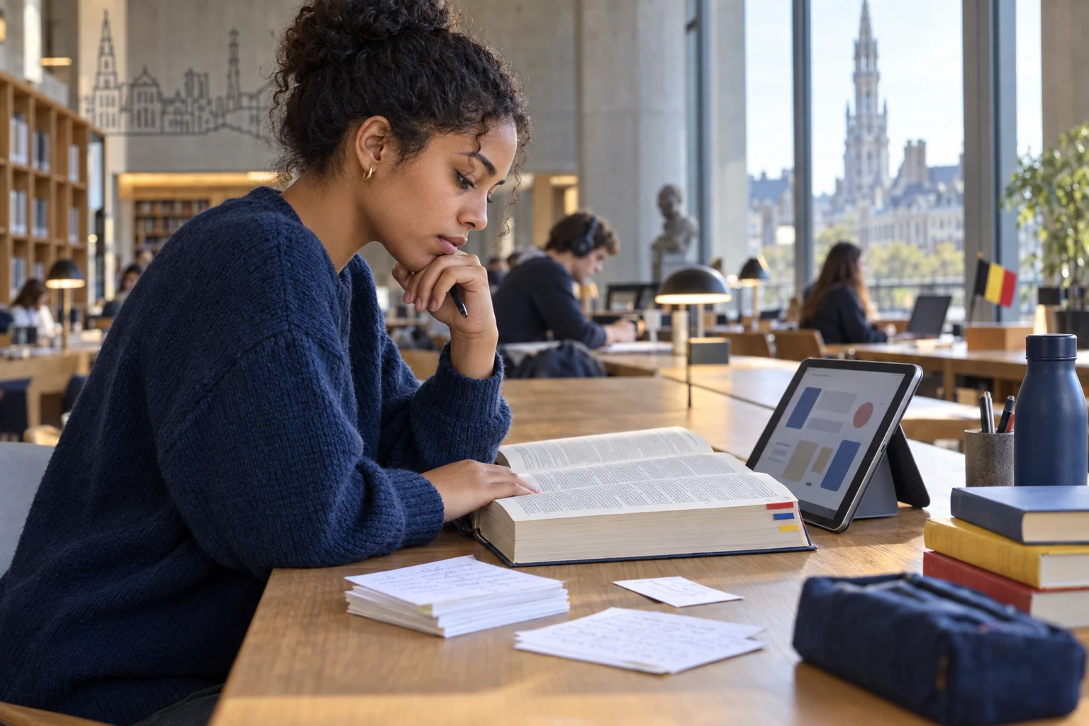 Étudiante comparant un dictionnaire papier et une ressource numérique à Bruxelles